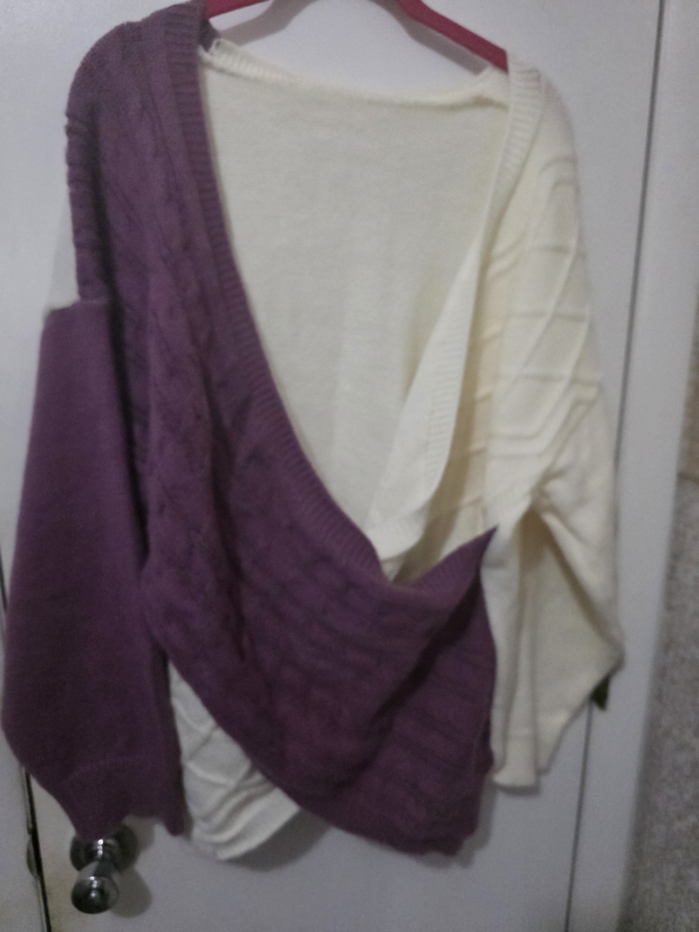 SHEIN Two-Tone V-Neck Cable Knit Sweater in Purple and Cream